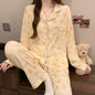 Pink Bow Dtie Design Pajamas for Women Long Sleeve Top & Elastic Waist Pants Pajamas Set Style Casual New Home Wear