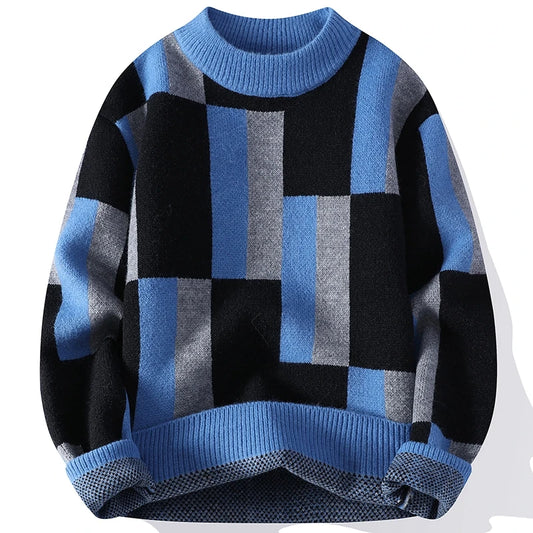 Men's Mock Neck Plaid Knit Pullover Sweater Loose