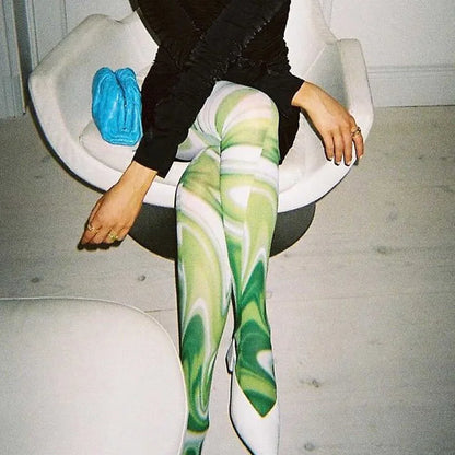 Women Patterned Pantyhose Y2k Aesthetic Tie Dye Sheer Tights Funky Print Hollow Out Mesh Stockings Leggings Grunge Streetwear