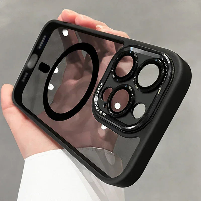 Black phone case with camera lens protector held by a hand against a gray background
