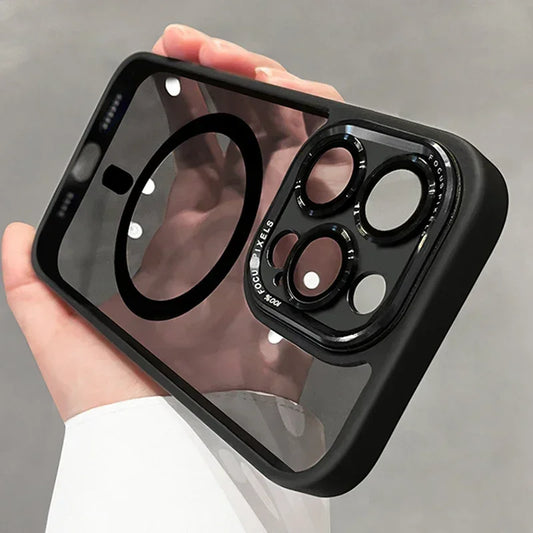 Black phone case with camera lens protector held by a hand against a gray background