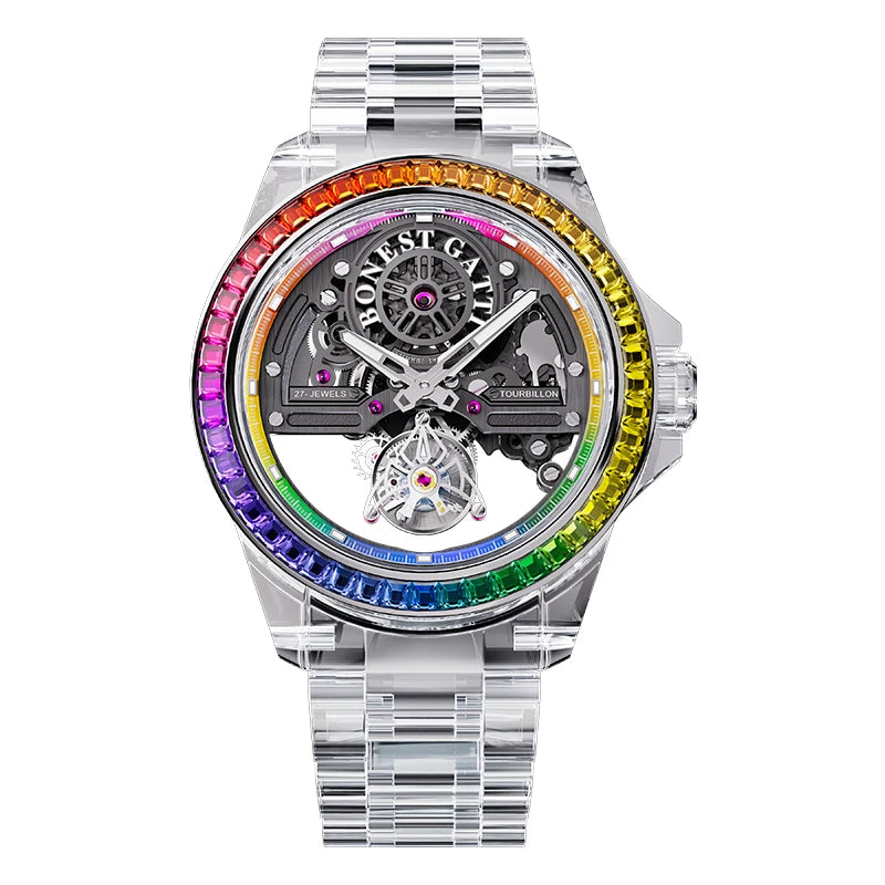 Bonest Gatti Skeleton Automatic Mechanical K9 Crystal Glass Case Rainbow Gemstone Bezel Transparent