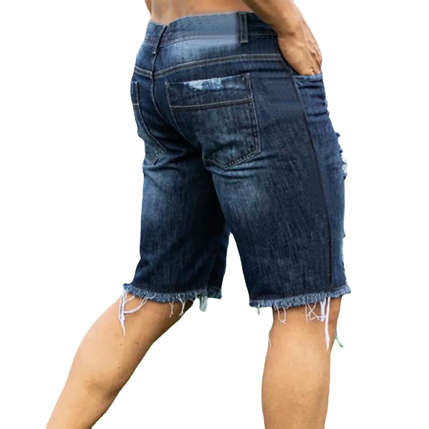 Blue denim shorts worn by a person on a white background