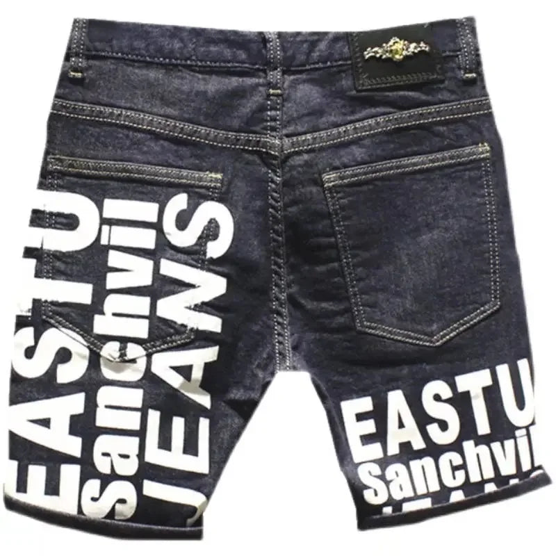 Black denim shorts with 'Eastwood Sanchivi Jeans' branding on a white background