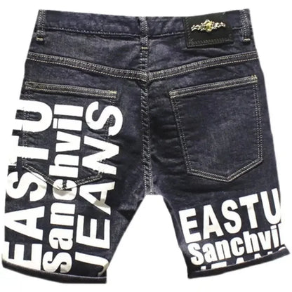 Black denim shorts with 'Eastwood Sanchivi Jeans' branding on a white background