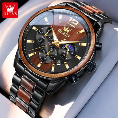 OLEVS Herrenuhr Top Business Quarzuhr Massivholz Multifunktions-Chronographenuhr Mondphase Reloj Neu