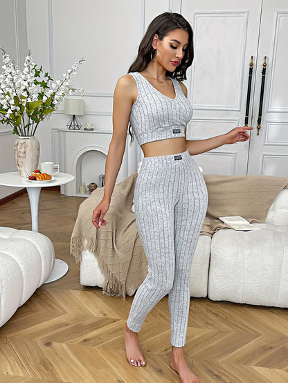 Women's Four-Season Pajamas, Simple V-Neck Short Slim-Fit Top, Sporty Short Tank Top and Long Pants Two-Piece Set, Can Be Worn Outside as Loungewear