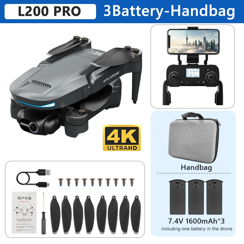 L200 PRO drone with accessories including a handbag, batteries, and propellers on a white background.