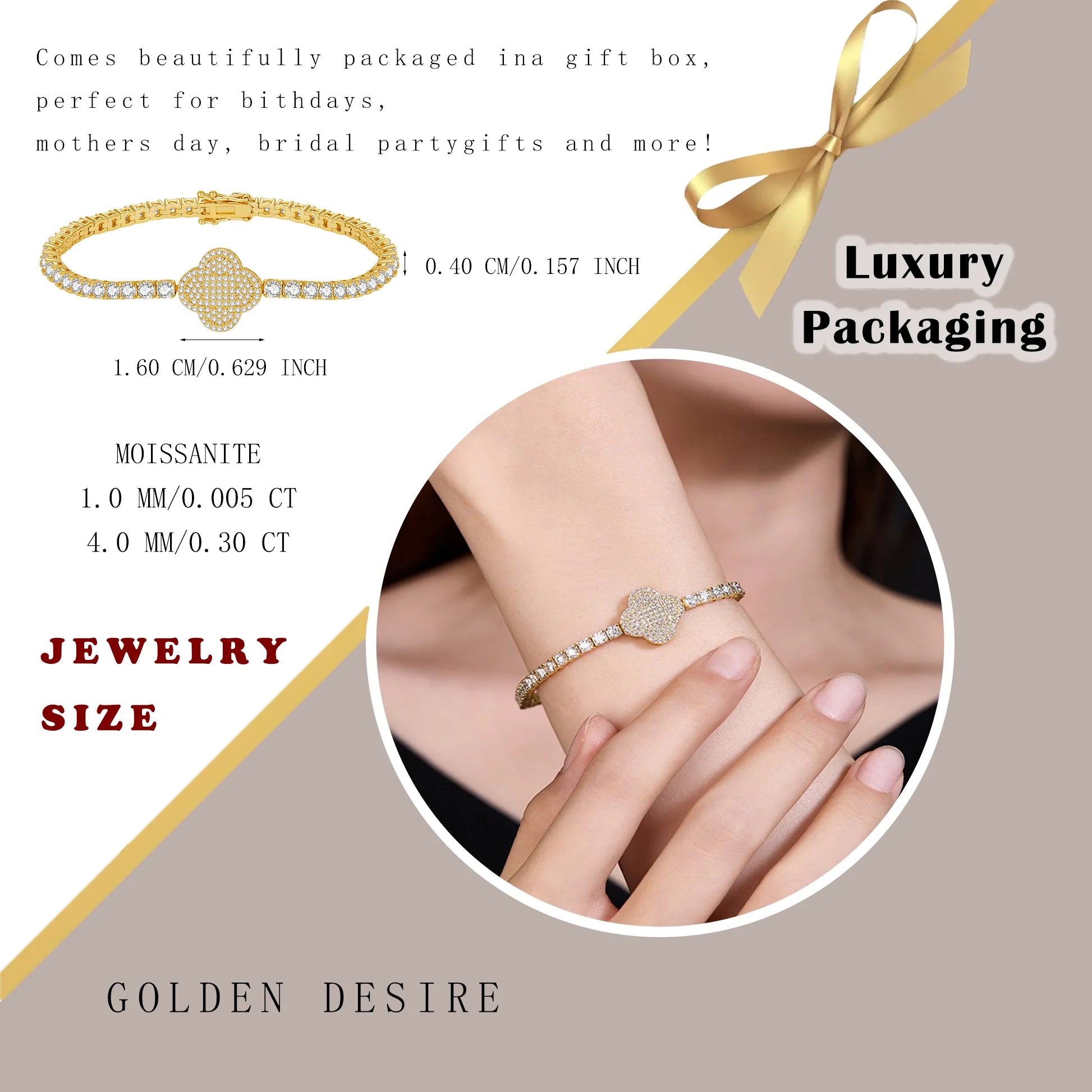 Gold bracelet with diamond accents on a hand, surrounded by text about jewelry size and luxury packaging.