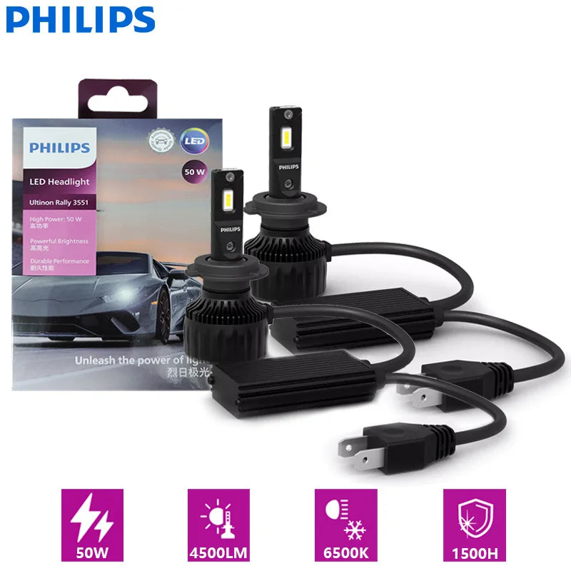 Philips LED headlight bulbs with packaging on a white background