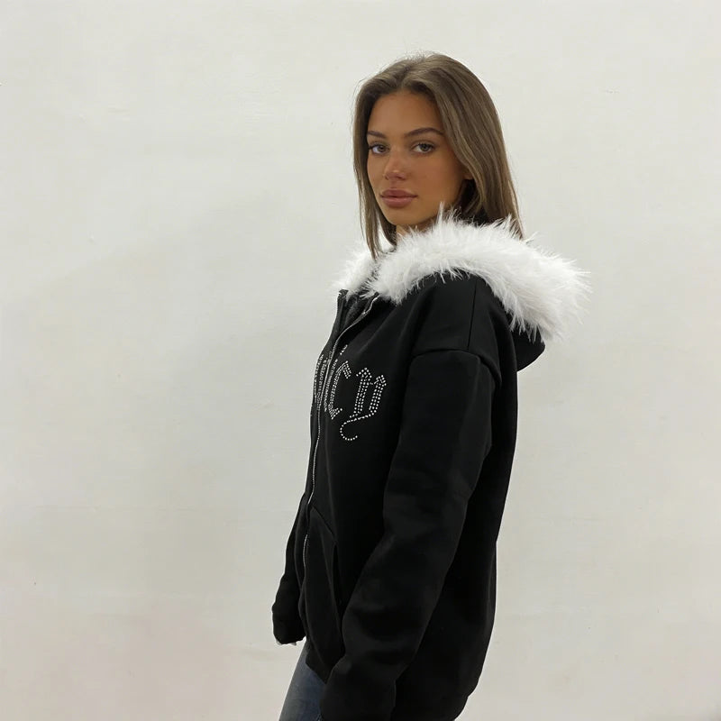 Fur collar cardigan sweatshirt zipper jacket European and American letter hot stamping retro sweatshirt jacke