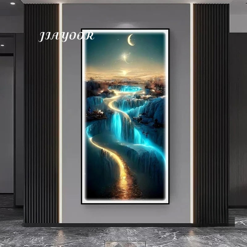 Framed artwork of a futuristic cityscape with glowing waterways on a gray wall.