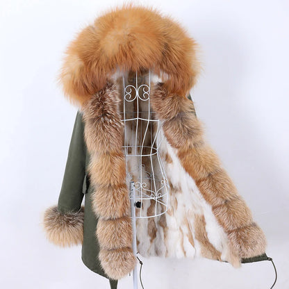 MAOMAOKONG 2023 Abnehmbarer Echtfuchs Pelzkragen Mäntel Damen Winterjacke Kapuze Kaninchenfellfutter Lange Parkas Damenbekleidung