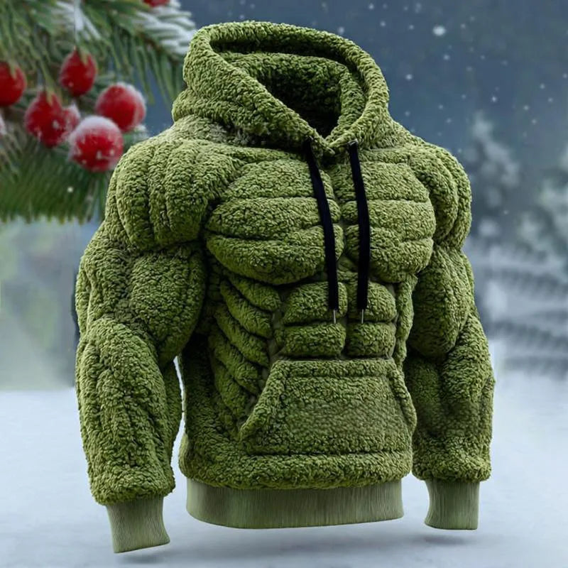 Men's Casual Sports Hoodie Fleece Lined Chest Muscle Print Long Sleeve Loose Fit Polyester Fiber Digital Print Hooded Sweatshirt