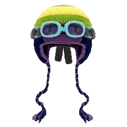 Korean Niche Pilot Knitted Hat With Detachable Glasses Funny Knitted Beanie Cap Unisex Autumn Winter Warm Ear Protection Hats