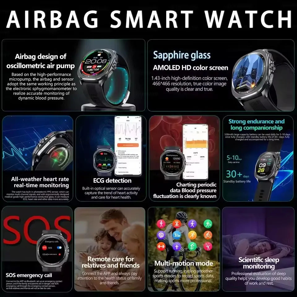 2025New Nursing Grade Air Pump Airbag Accurate Measure ECG Blood oxygen SmartWatches Men Blood Pressure Fitness Sport SmartWatch