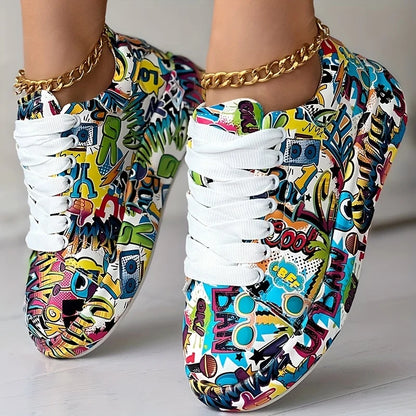 Women's Graffiti Print Sneakers Fashion Lace-up Low-top Platform Sneakers Casual Skateboard Shoes Sneakers New Vulcanized Shoes