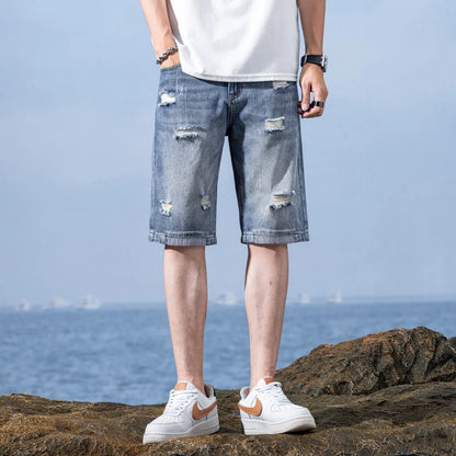 2025 Sommer Herren Shorts Zerrissene Denim Jeans Kurze Hosen Lässige Gerade Retro Blaue Biker Baumwolle Short Pants Männliche Urlaub Streetwear Kleidung