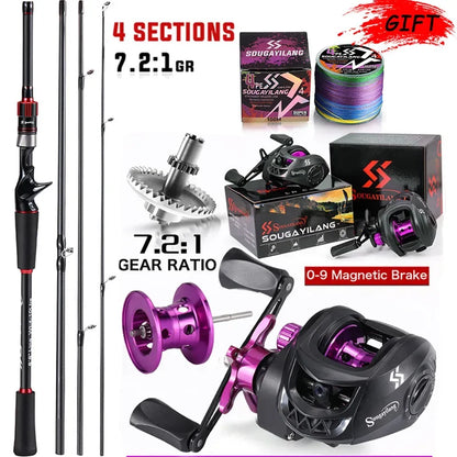 Sougayilang Angelrute Rollen Combo 1,8~2,1m Kohlefaser Casting Rute und 7,2:1 Übersetzung Baitcasting Rolle Max. Bremskraft 10kg für Barsch