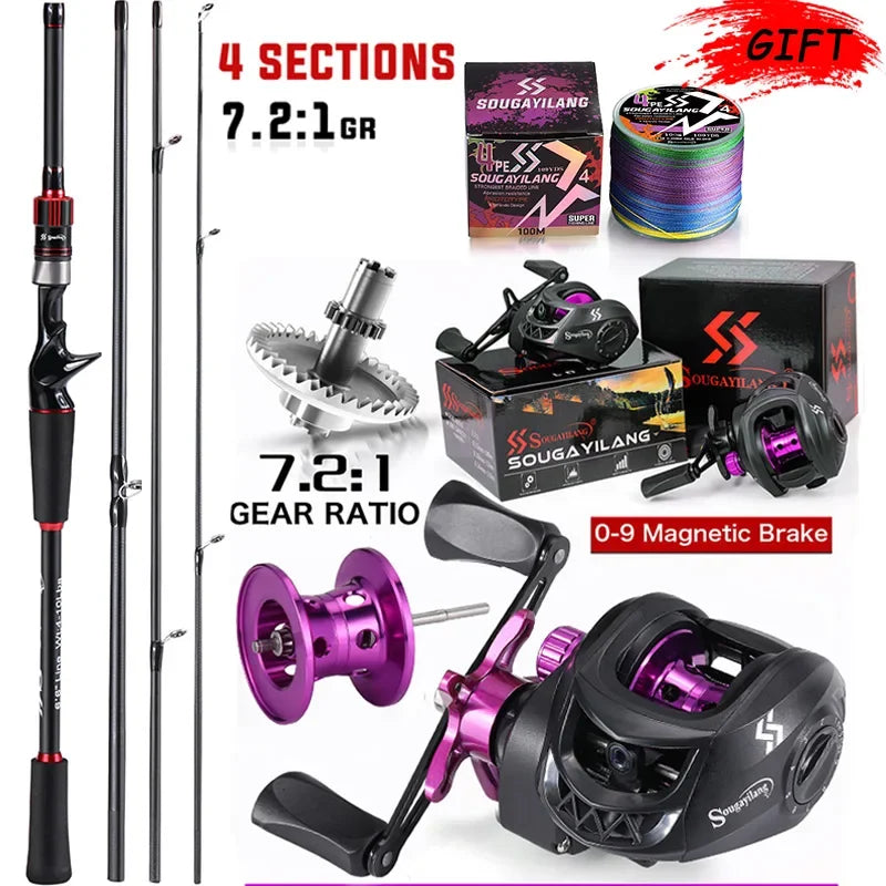 Sougayilang Angelrute Rollen Combo 1,8~2,1m Kohlefaser Casting Rute und 7,2:1 Übersetzung Baitcasting Rolle Max. Bremskraft 10kg für Barsch