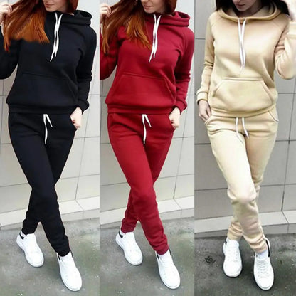 Two-piece Sports Women Tracksuit Solid Color Long Sleeve Hoodies Sweatpants Set