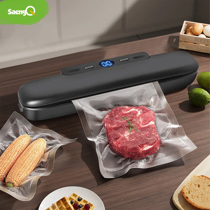 Vacuum sealer packaging food on a wooden table with 'SaengQ' branding.