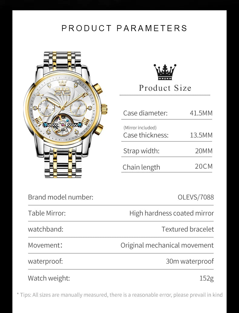 OLEVS Luxuriöse automatische mechanische Uhren für Herren, Skelett-Unruh-Kalender-Woche, Business-Herrenuhr, ausgehöhlte Herrenuhren