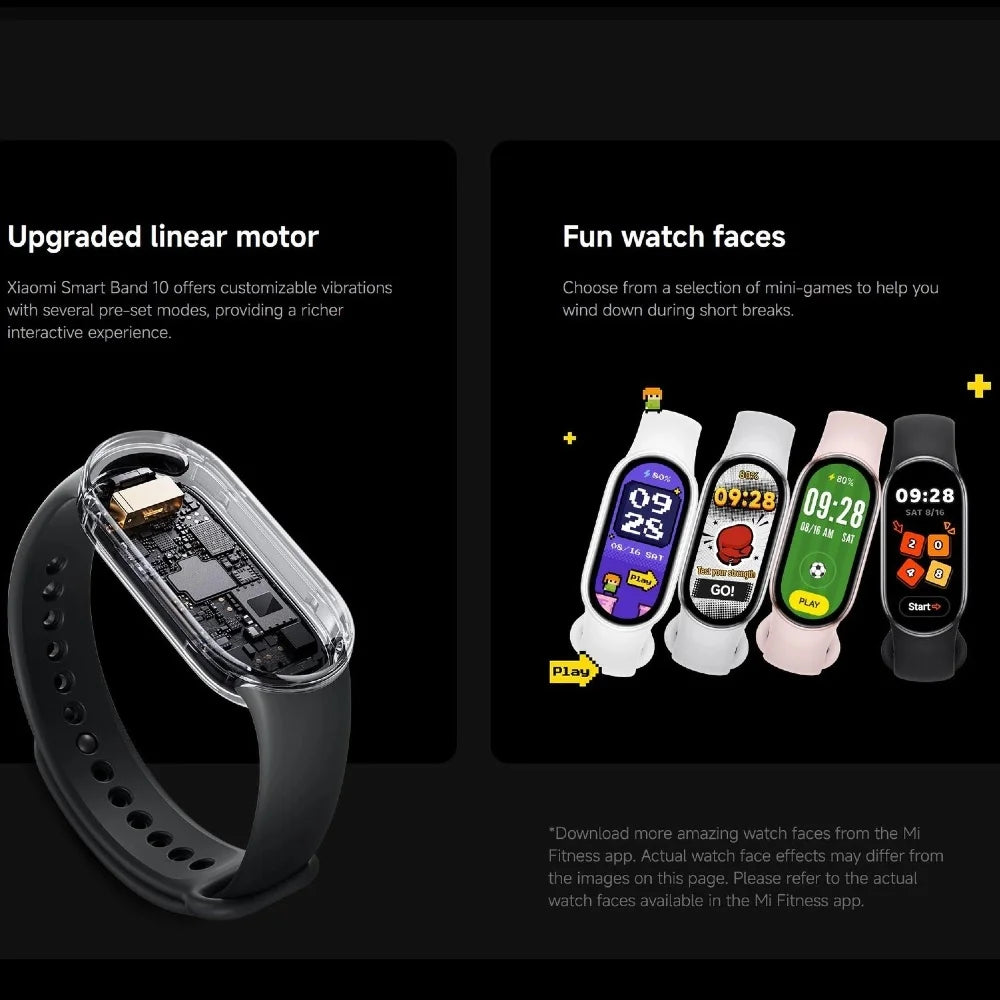 Xiaomi Smart Band 10 with features highlighted on a black background