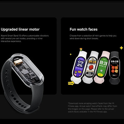 Xiaomi Smart Band 10 with features highlighted on a black background