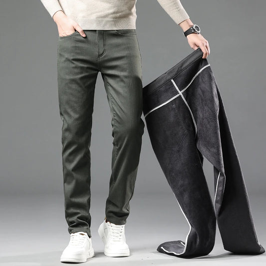 Men's Fleece Velvet Slim Elastic Business Casual Pants