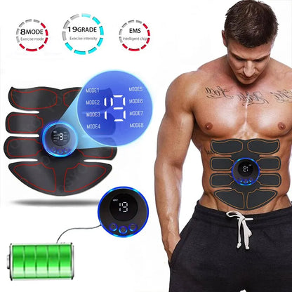 Man wearing electronic muscle stimulator pads with product details on a white background