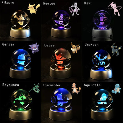 Pokemon Crystal Ball 3D Pikachu Mewtwo Mew Gengar Night Light Lamp Base Pokeball Crystal Pokemon Glass Ball Figure Birthday Gift