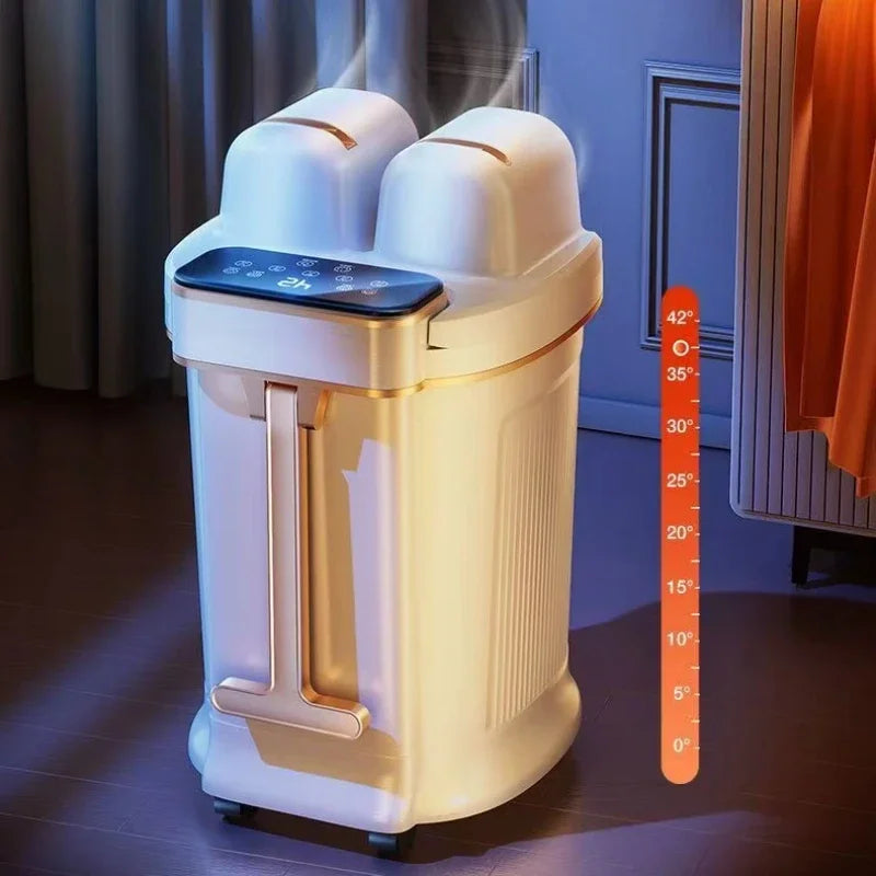 White and gold foot warmer with digital display and temperature gauge in a room setting.