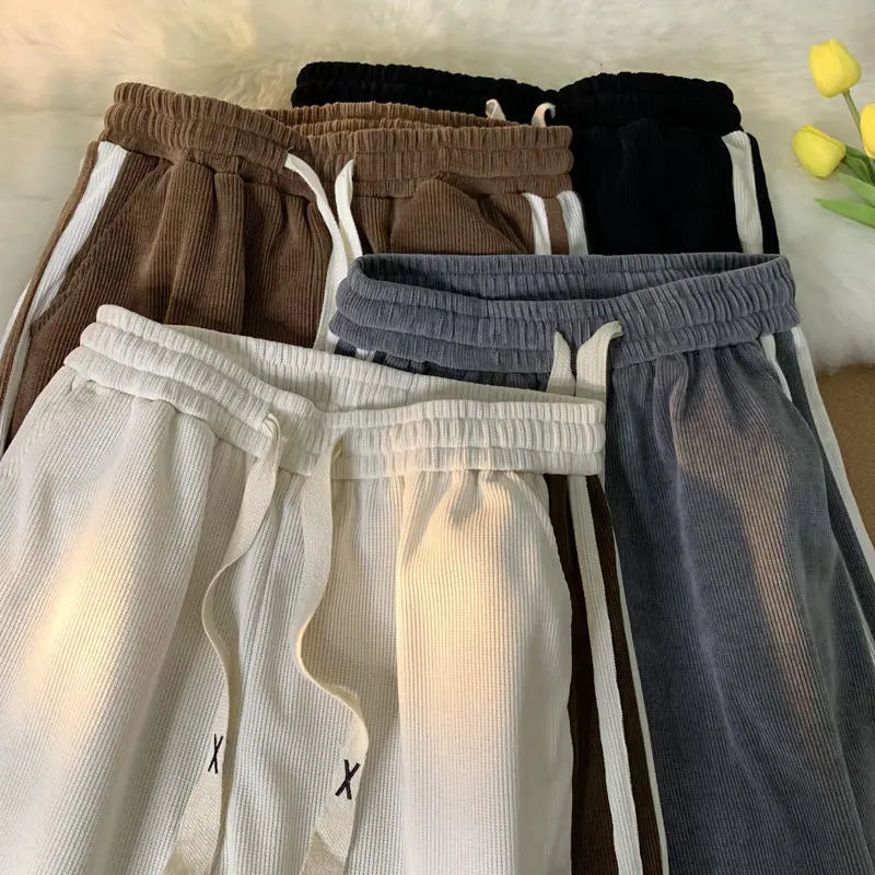 Fleece Corduroy Solid Striped Straight Pants Men Patchwork Drawstring Versatile Trendy Casual Trousers