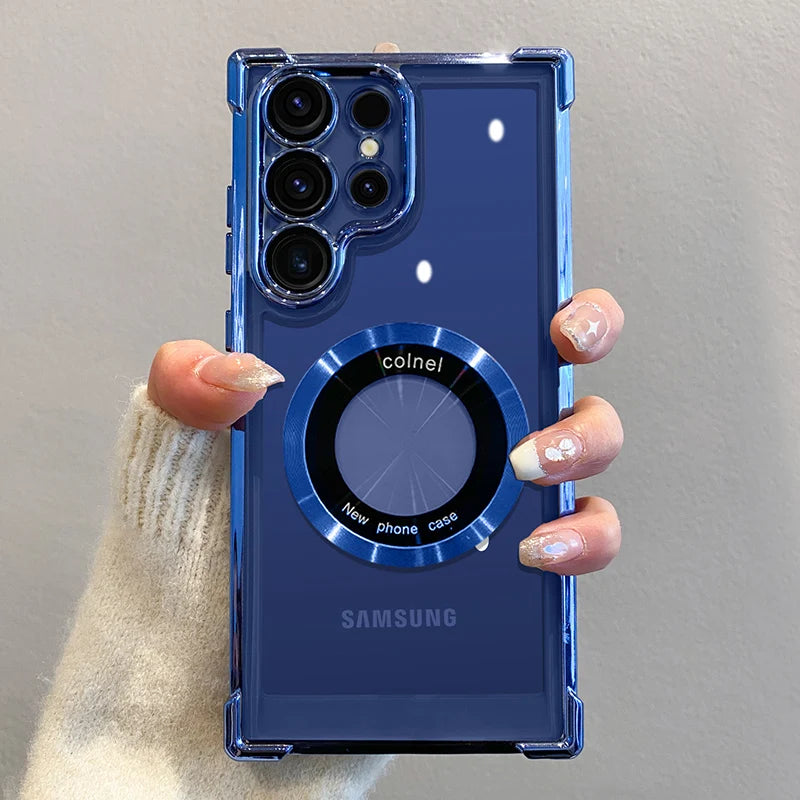Luxury Plating Magnetic Wireless Charge Case For Samsung S25 S24 Ultra S23 FE S22 Plus S21 Note 20 Clear Lens Protection Cover