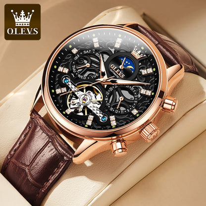 OLEVs Lederarmband Herrenuhren Mondphase Wasserdicht Volle Hohl Mechanische Automatikuhr für Herren