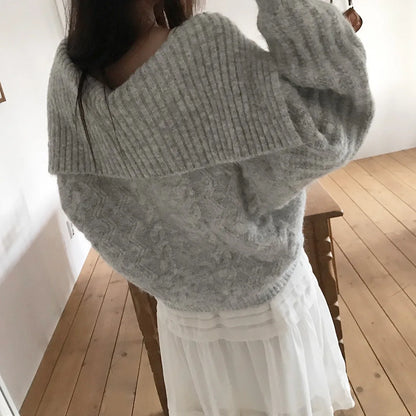 Women's Chic Autumn Winter Knitted Sweater Thi Needle Long Sve Navy Collar Lazy Knit Open Cardigan Soft Cozy Top