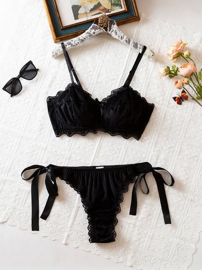 Black Lace Bow-Tied French Sexy Pure Desire Bra And Panties Set Butterfly Knot Unique Underwear Two-Piece Set