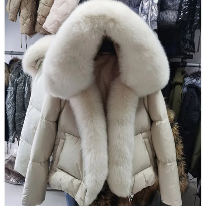 2025 MAOMAOKONG White Duck Down Jacket Winter Women Warm Loose Coat Natural Real Fox Fur Collar Thick Luxury Outerwear parkas