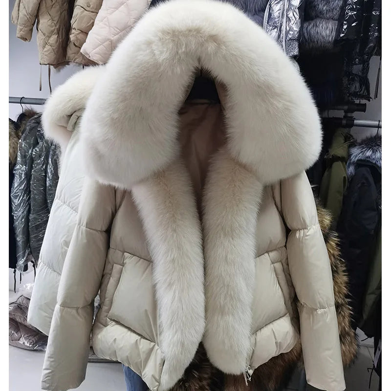 2025 MAOMAOKONG White Duck Down Jacket Winter Women Warm Loose Coat Natural Real Fox Fur Collar Thick Luxury Outerwear parkas