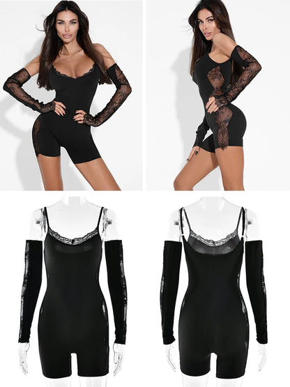 Lace Patchwork Long Sleeve Romper | Square Collar Bodycon Jumpsuit