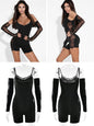 Lace Patchwork Long Sleeve Romper | Square Collar Bodycon Jumpsuit