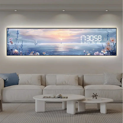 Modern living room with a large wall-mounted digital clock displaying a scenic view.