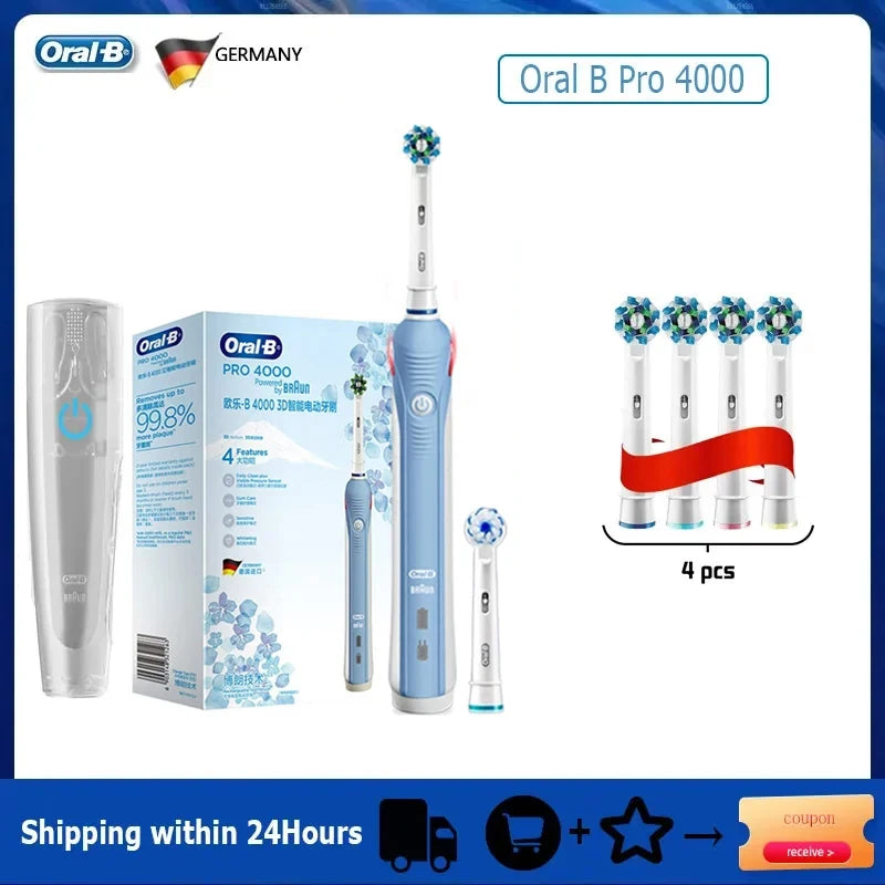 Oral B Elektrische Zahnbürste Pro 4000 3D-Reinigung Tägliche Reinigung Zähne Sichtbarer Andrucksensor 4 Modi Zahnfleischpflege Wasserdicht Wiederaufladbar