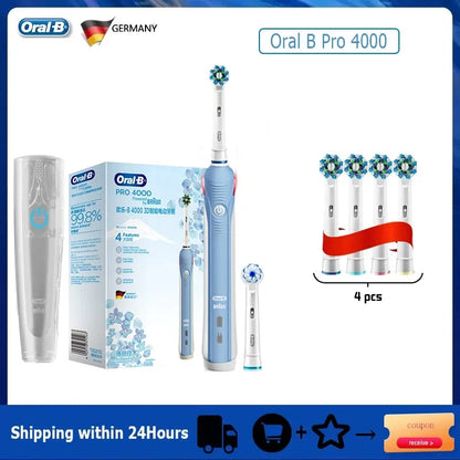 Oral B Elektrische Zahnbürste Pro 4000 3D-Reinigung Tägliche Reinigung Zähne Sichtbarer Andrucksensor 4 Modi Zahnfleischpflege Wasserdicht Wiederaufladbar