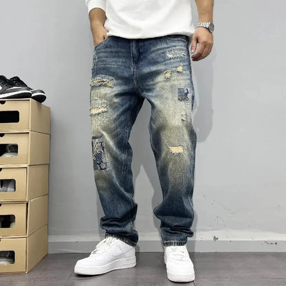 Men's Baggy Jeans – Distressed Patchwork Street Style
