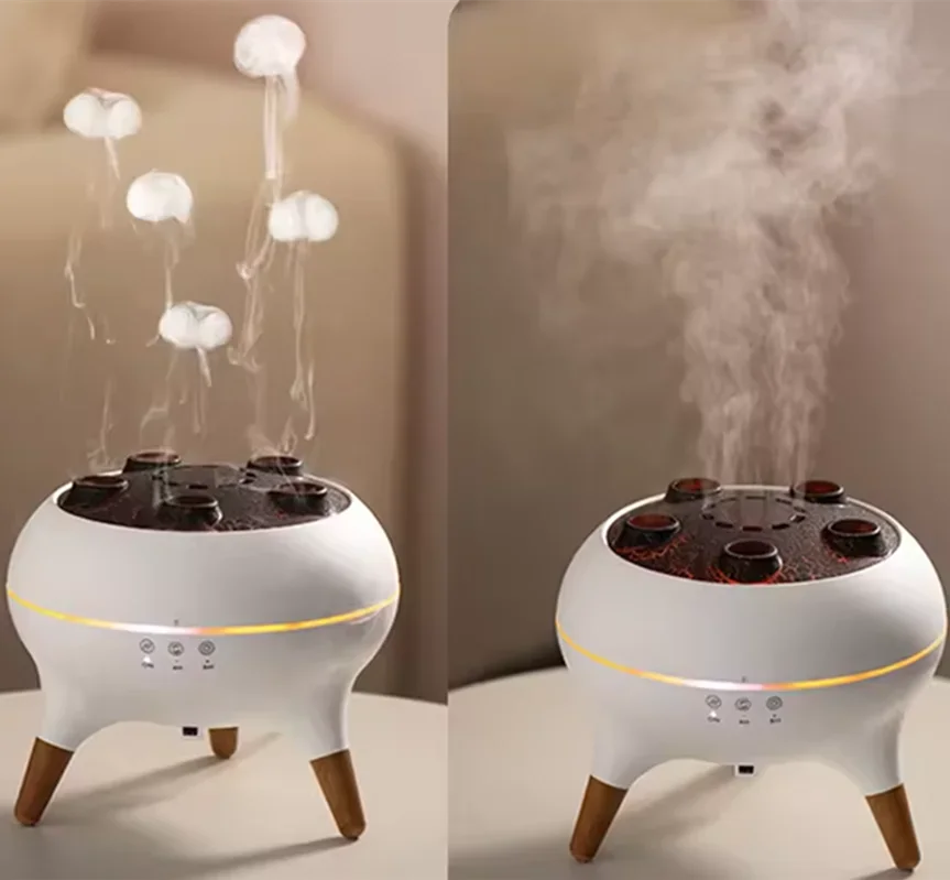 White diffuser with wooden legs emitting steam on a beige background