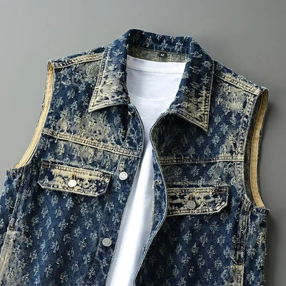 Denim vest with a white shirt underneath on a gray background