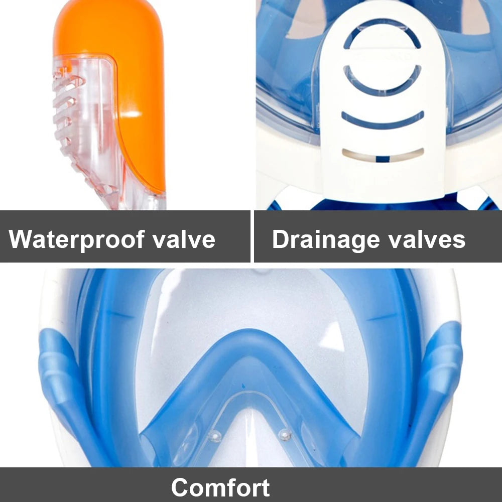 Snorkeling mask with waterproof valve, drainage valves, and comfort features highlighted.