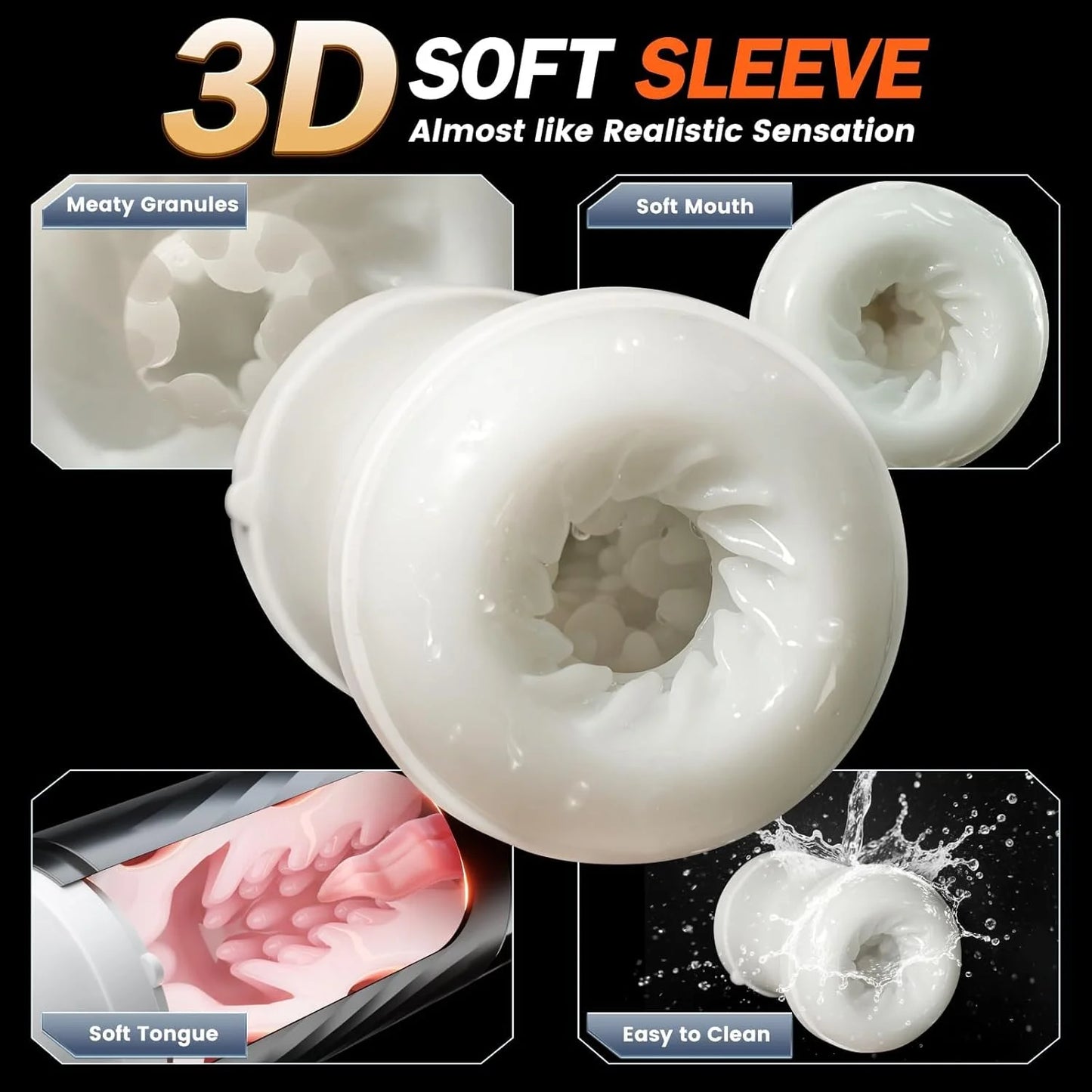 3D soft sleeve product with features highlighted on a black background